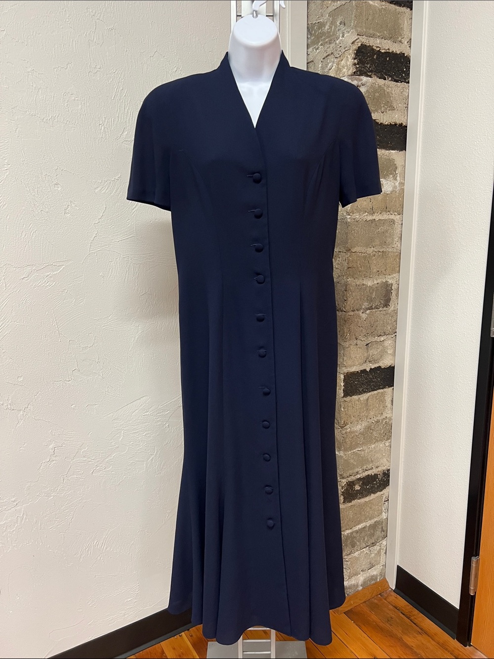 DW3 David Warren Navy Short Sleeve Button-Front Women Midi Dress Size 6